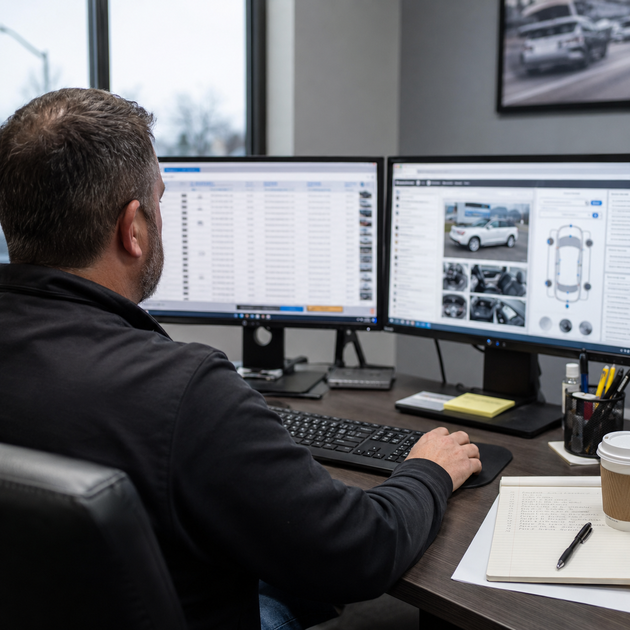 Vehicle buyer reviewing auction run lists and a condition report