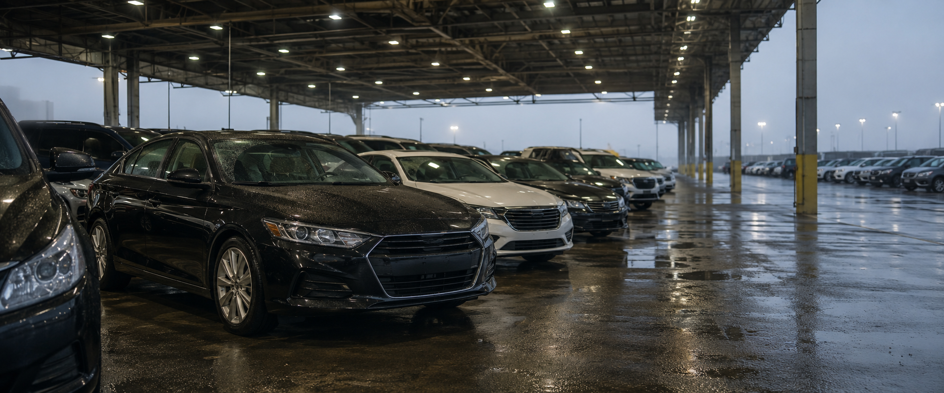 Used vehicles lined up in an auction lane at dawn